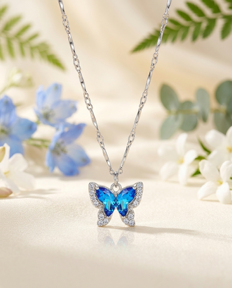 Azure Flutter Crystal Butterfly Necklace